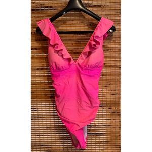 Annbon Womens XL One Piece Swimsuit Hot Pink Ruffle V-Neck  Ruched Lace Up Back